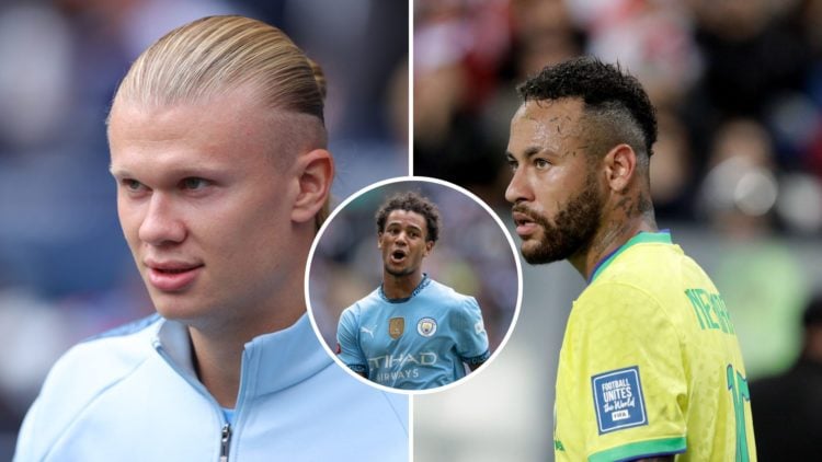 Split Image of Erling Haaland looking on (left) and Neymar in action (right) with inset of Oscar Bobb smiling (middle)
