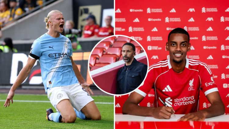 Split Image of Manchester City's Erling Haaland celebrating (left) and Alexander Isak being unveiled for Liverpool with inset of Rio Ferdinand look...