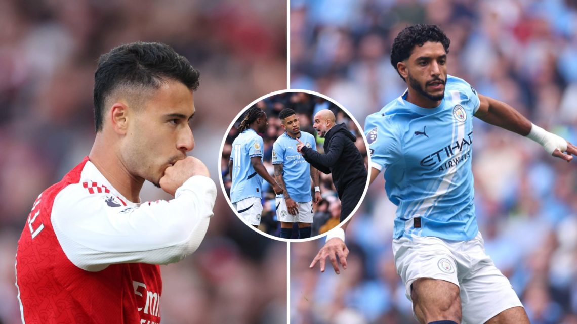 Split Image of Gabriel Martinelli celebrating (left) and Omar Marmoush in action (right) with inset of Pep Guardiola giving instructions to Jeremy ...