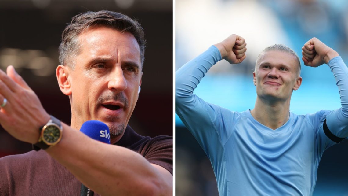 Split Image of Gary Neville speaking (left) and Erling Haaland smiling after Manchester City beat Manchester United (right)