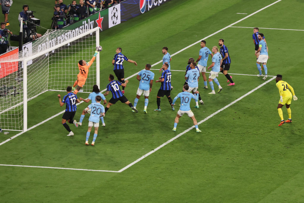 Ederson of Manchester City FC makes a save during the UEFA Champions League 2022/23 final match between FC Internazionale and Manchester City FC at Ataturk Olympic Stadium on June 10, 2023 in Istanbul, Turkey.