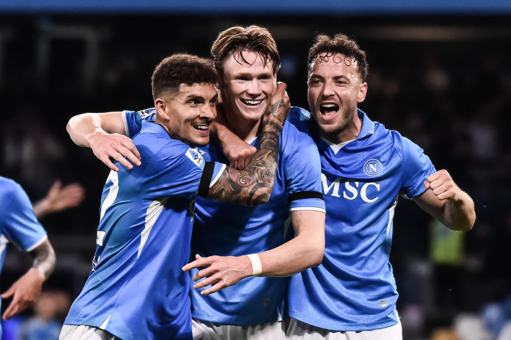 Scott McTominay of SSC Napoli celebrates with Giovanni Di Lorenzo and Amir Rrahmani after scoring a goal to make it 2-0 during the Serie A match between Napoli and Torino at Stadio Diego Armando Maradona on April 27, 2025