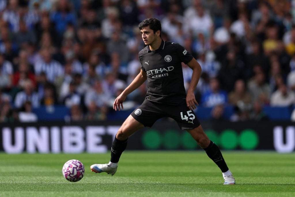 Abdukodir Khusanov of Manchester City during the Premier League match between Brighton & Hove Albion and Manchester City at Amex Stadium on August 31, 2025