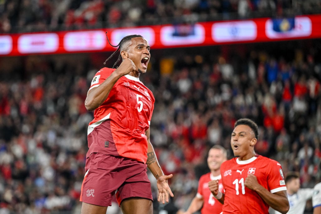 Manuel Akanji of Switzerland celebrates after scoring his team's first goal during the FIFA World Cup 2026 Qualifier match between Switzerland and Kosovo at St Jacob Park on September 5, 2025 in Basel, Switzerland.