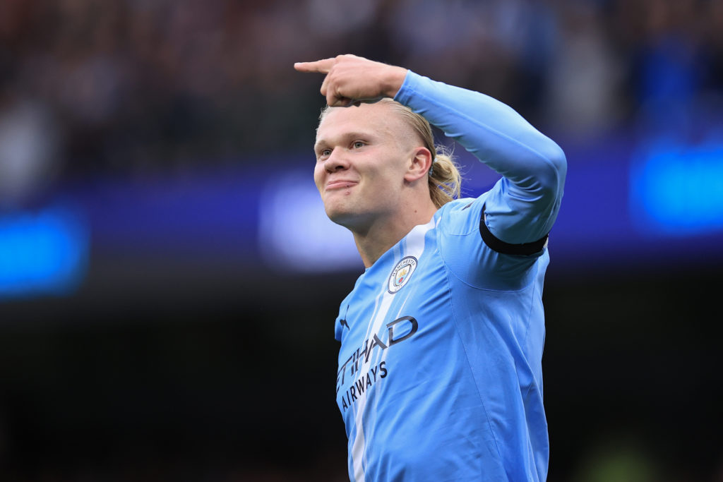 Erling Haaland celebrates his goal during Manchester City v Manchester United.