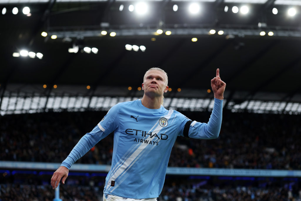Erling Haaland celebrates during Manchester City v Manchester United.