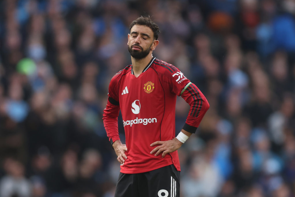 Bruno Fernandes looking frustrated during Manchester City v Manchester United