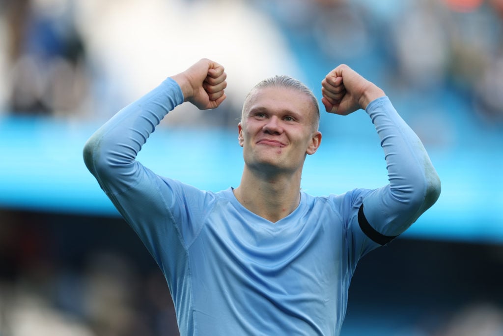 Erling Haaland smiles after Manchester City v Manchester United.