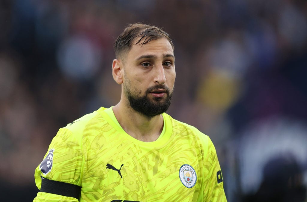 Gianluigi Donnarumma playing for Manchester City v Manchester United.