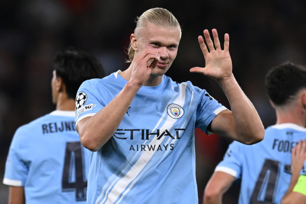 Erling Haaland celebrates after reaching 50 Champions League goals during Manchester City vs Napoli