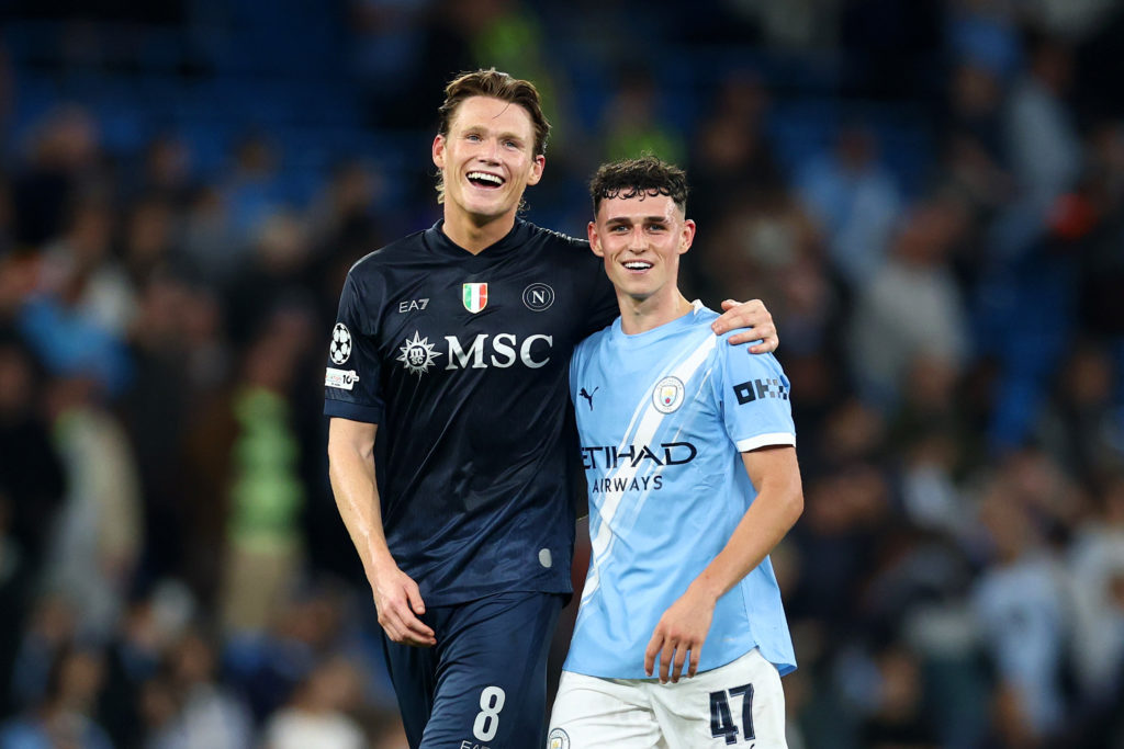 Scott McTominay and Phil Foden embrace each other Manchester City vs Napoli