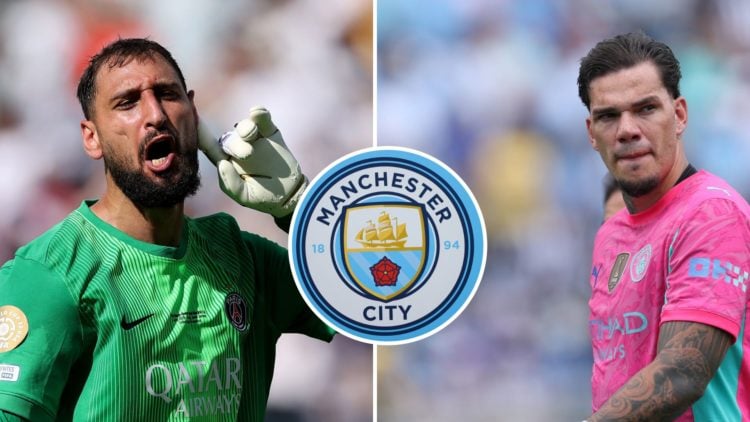 Split Image of Gianluigi Donnarumma celebrating (left) and Ederson in action (right) with inset of Manchester City badge (middle)