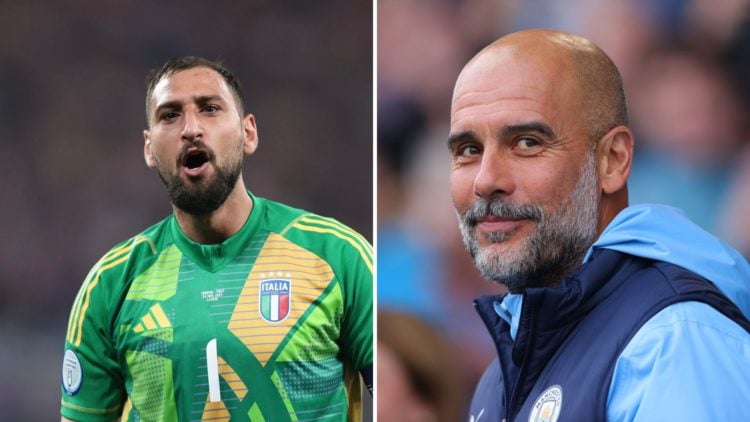 Split Image of Gianluigi Donnarumma of Italy looking on (left) and Manchester City's Pep Guardiola smiling (right)