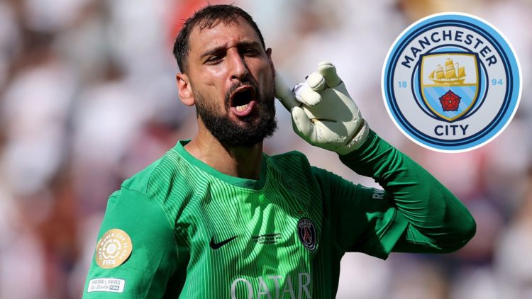 Gianluigi Donnarumma reacts (main image) with inset of Manchester City badge (top right corner)