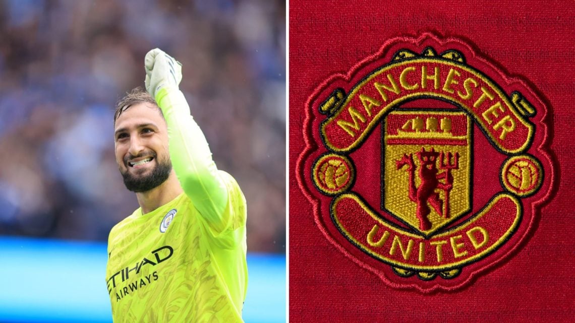 Split Image of Manchester City's Gianluigi Donnarumma celebrating (left) and Manchester United crest (right)