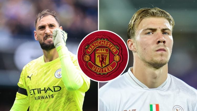 Split Image of Gianluigi Donnarumma celebrating (left) and Rasmus Hojlund looking on (right) with inset of Manchester United crest (middle)