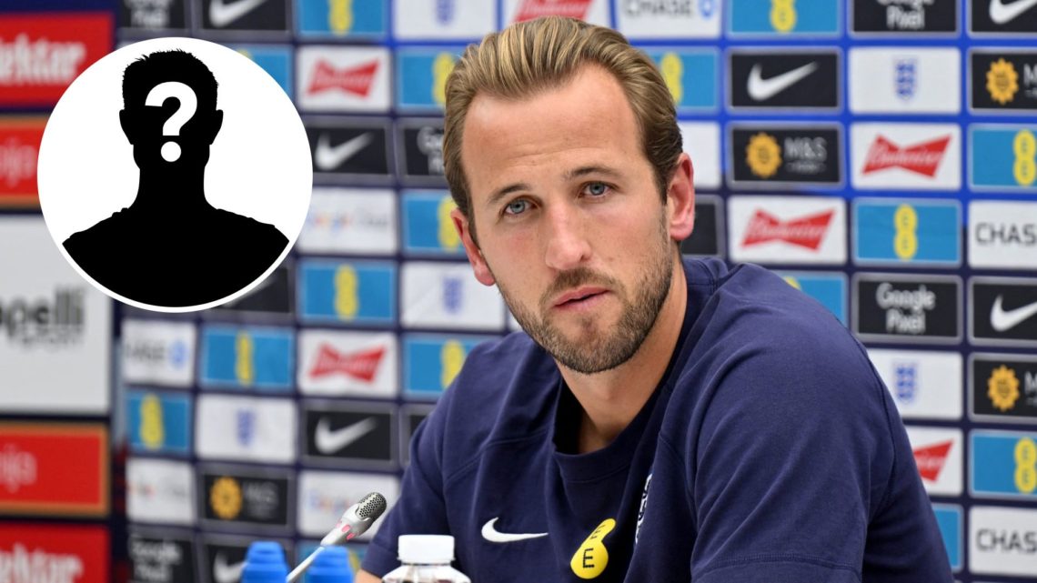 Harry Kane speaking during a press conference (main image) with inset of mystery player (top left corner)
