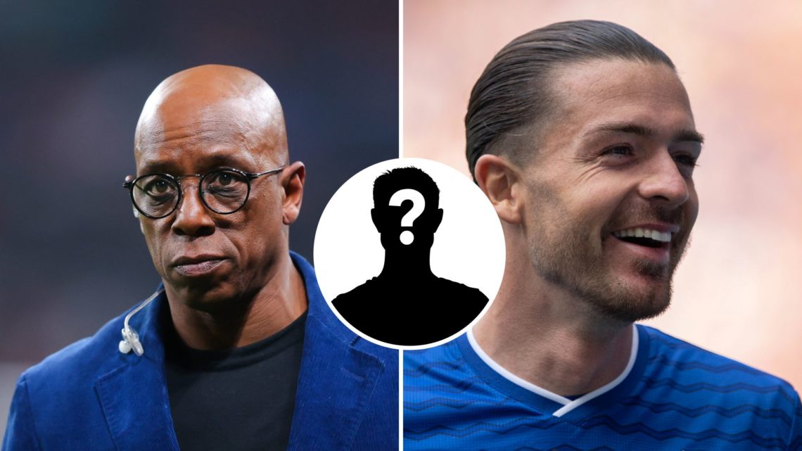 Split Image of Ian Wright looking on (left) and Jack Grealish in action (right) with inset of mystery player (middle)