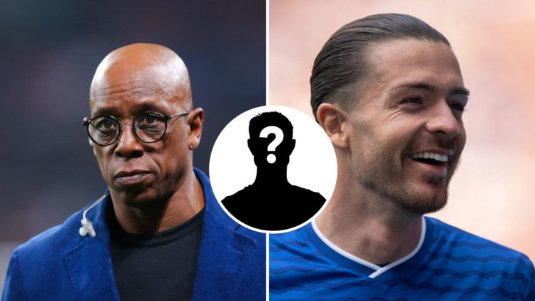 Split Image of Ian Wright looking on (left) and Jack Grealish in action (right) with inset of mystery player (middle)