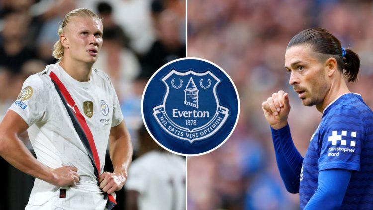 Split Image of Erling Haaland looking on (left) and Jack Grealish looking on (right) with inset of Everton badge (middle)
