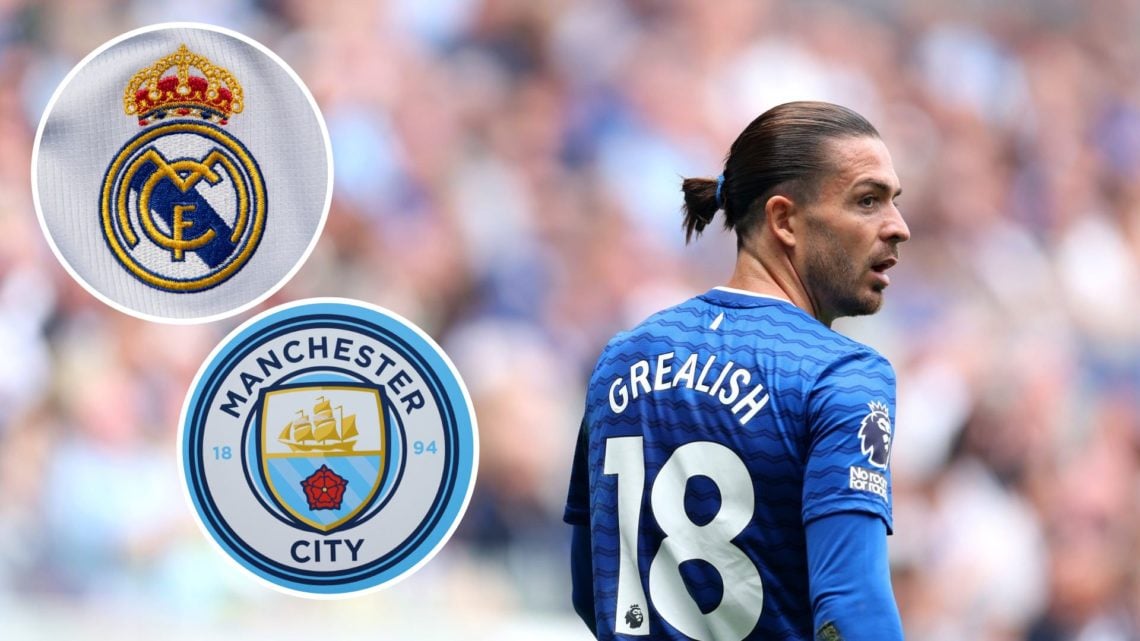 Jack Grealish looking on (main image) with insets of Real Madrid badge (top left corner) and Manchester City badge (bottom left corner)