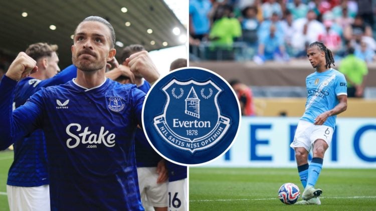 Split Image of Jack Grealish celebrates (left) and Nathan Ake passing the ball (right) with inset of Everton badge (middle)