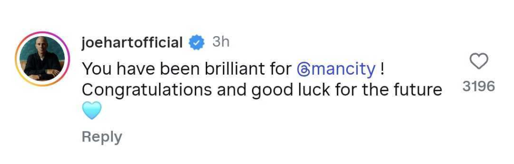 Joe Hart reacts to Ederson's Manchester City farewell on Instagram