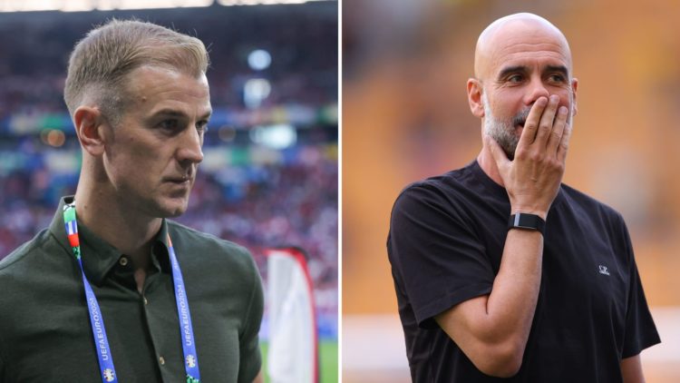 Split Image of Joe Hart looking on (left) and Manchester City's Pep Guardiola reacting (right)