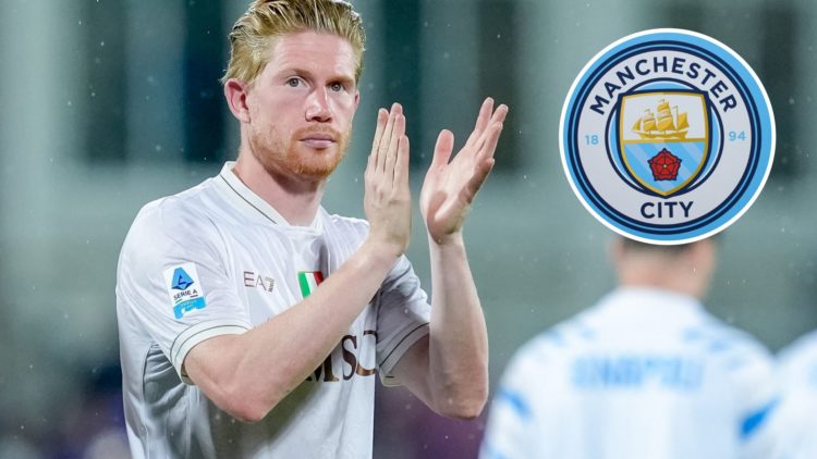 Kevin De Bruyne applauds the Napoli fans (main image) with inset of Manchester City badge (top right corner)