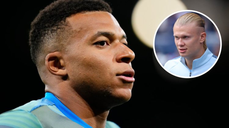 Real Madrid's Kylian Mbappe looking on (main image) with inset of Manchester City's Erling Haaland looking focused (top right corner)