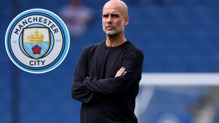 Pep Guardiola looking on (main image) with inset of Manchester City badge (top right corner)