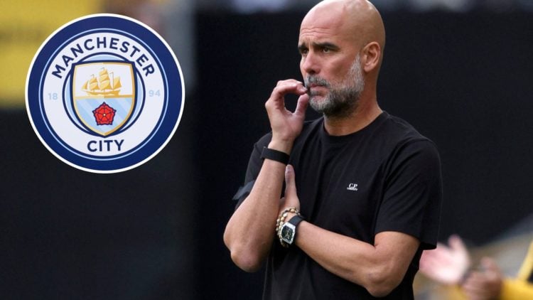 Pep Guardiola looking on (main image) with insets of Manchester City badge (top left corner)
