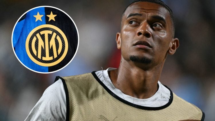 Manchester City's Manuel Akanji in action (main image) with inset of Inter Milan badge (top left corner)