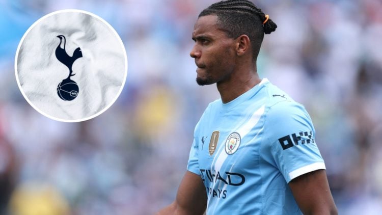 Manchester City's Manuel Akanji in action (main image) with inset of Tottenham badge (top left corner)