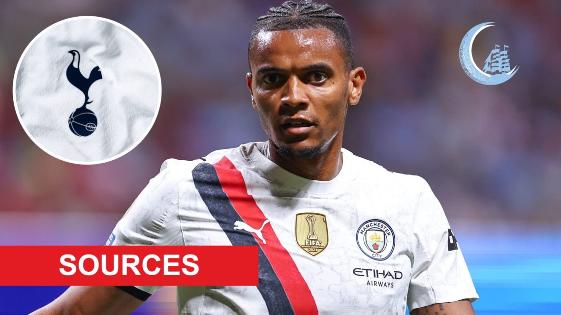 Manchester City's Manuel Akanji in action (main image) with insets of Sources Banner (bottom left corner), MCN Logo (top right corner) and Tottenha...