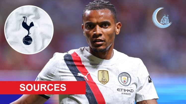 Manchester City's Manuel Akanji in action (main image) with insets of Sources Banner (bottom left corner), MCN Logo (top right corner) and Tottenha...