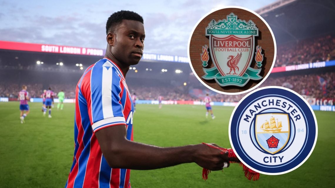 Crystal Palace's Marc Guehi looking on (main image) with insets of Liverpool badge (top right corner) and Manchester City badge (bottom right corner)
