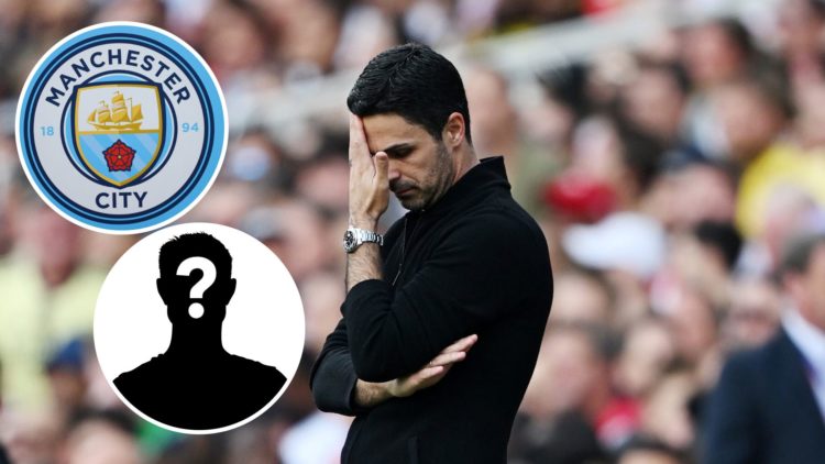 Arsenal's Mikel Arteta looking stressed (main image) with insets of Manchester City badge (top left corner) and mystery player (bottom left corner)