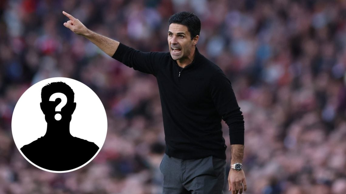 Mikel Arteta gestures during Arsenal's Premier League match against Manchester City (main image) with inset of mystery player (bottom right corner)