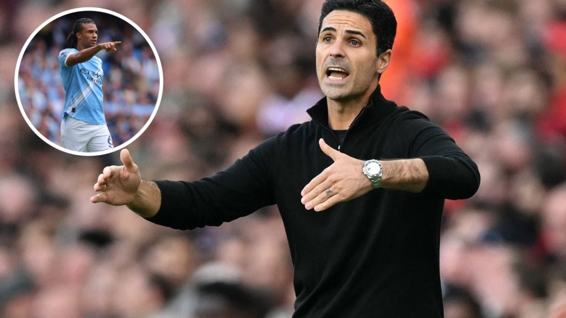 Mikel Arteta looking animated during Arsenal's Premier League match against Manchester City (main image) with inset of Nathan Ake in action (top le...