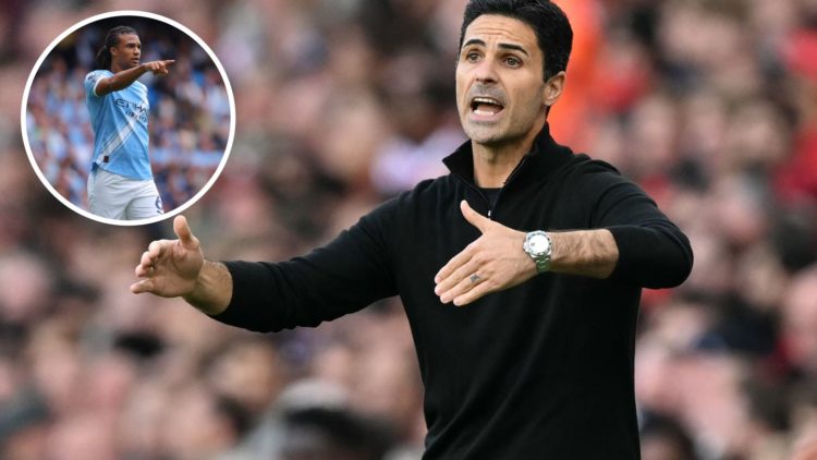 Mikel Arteta looking animated during Arsenal's Premier League match against Manchester City (main image) with inset of Nathan Ake in action (top le...