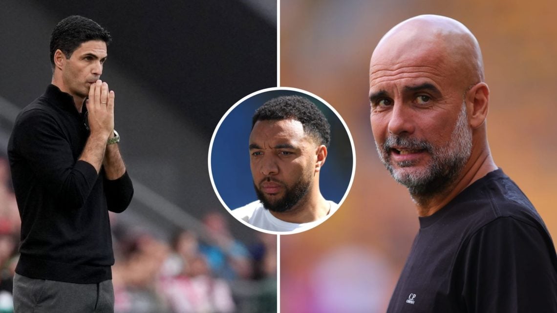Split Image of Arsenal's Mikel Arteta with his hands on his face (left) and Manchester City's Pep Guardiola looking on (right) with inset of Troy D...