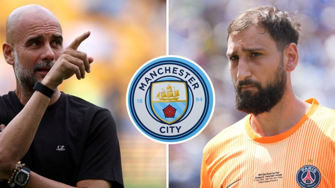 Split Image of Pep Guardiola pointing (left) and Gianluigi Donnarumma looking on (right) with inset of Manchester City badge (middle)