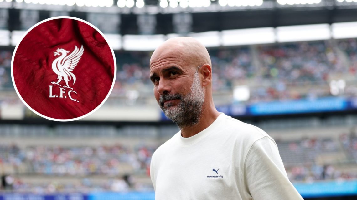 Manchester City's Pep Guardiola looking on (main image) with inset of Liverpool badge (top left corner)