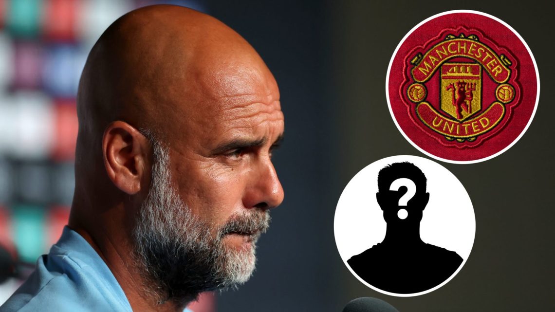 Manchester City's Pep Guardiola looking on (main image) with insets of mystery player (bottom right corner) and Manchester United crest (top right ...