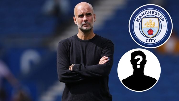 Pep Guardiola looking on (main image) with insets of Manchester City badge (top right corner) and mystery player (bottom right corner)