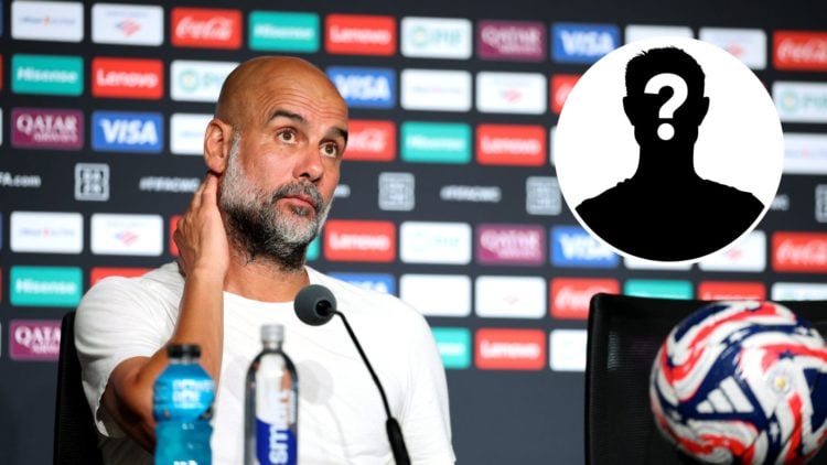 Split Image of Pep Guardiola looking on (main image) during a press conference with inset of and mystery player (top right corner)