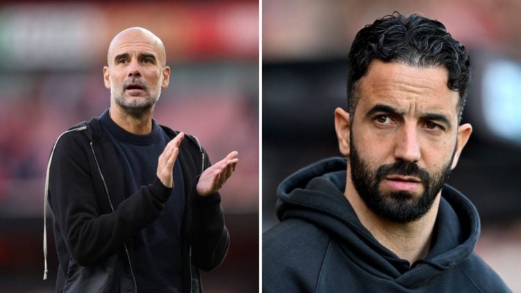 Split Image of Manchester City's Pep Guardiola looking on (left) and Manchester United's Ruben Amorim concentrating (right)