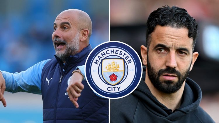 Split Image of Pep Guardiola reacting (left) and Manchester United's Ruben Amorim looking on (right) with inset of Manchester City badge (middle)