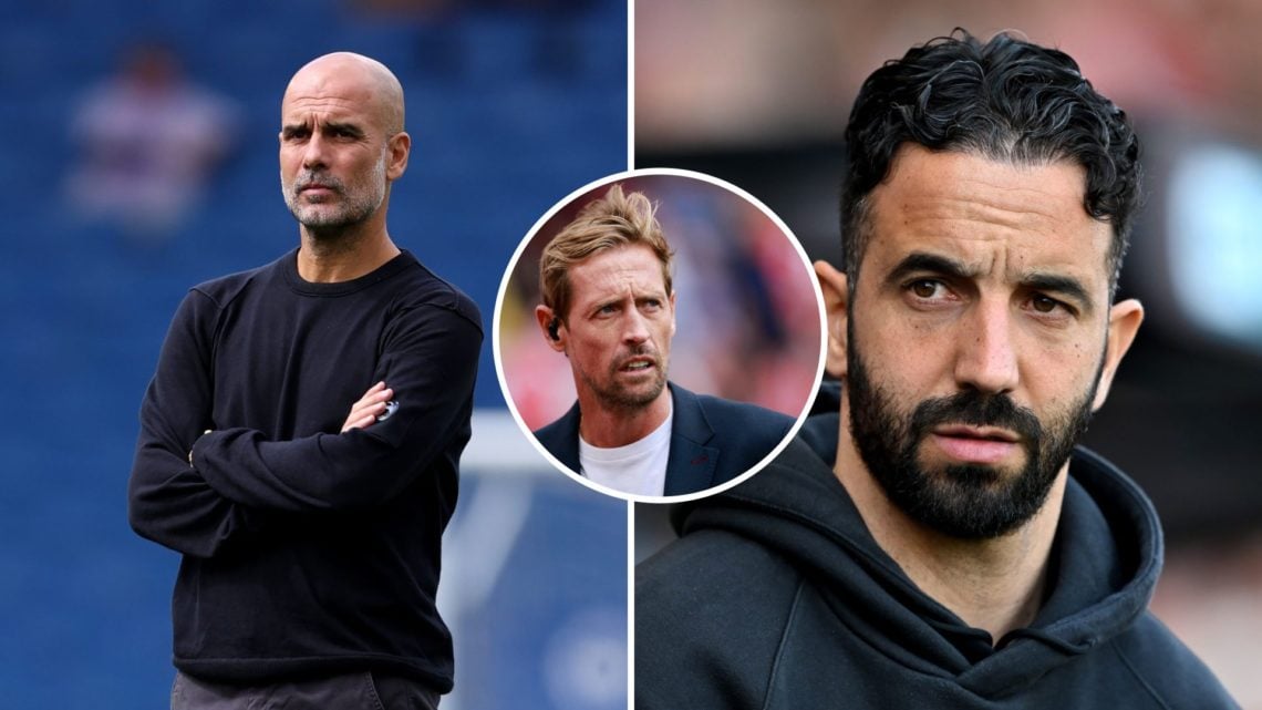Split Image of Pep Guardiola looking on (left) and Ruben Amorim looking focused (right) with inset of Peter Crouch doing punditry (middle)